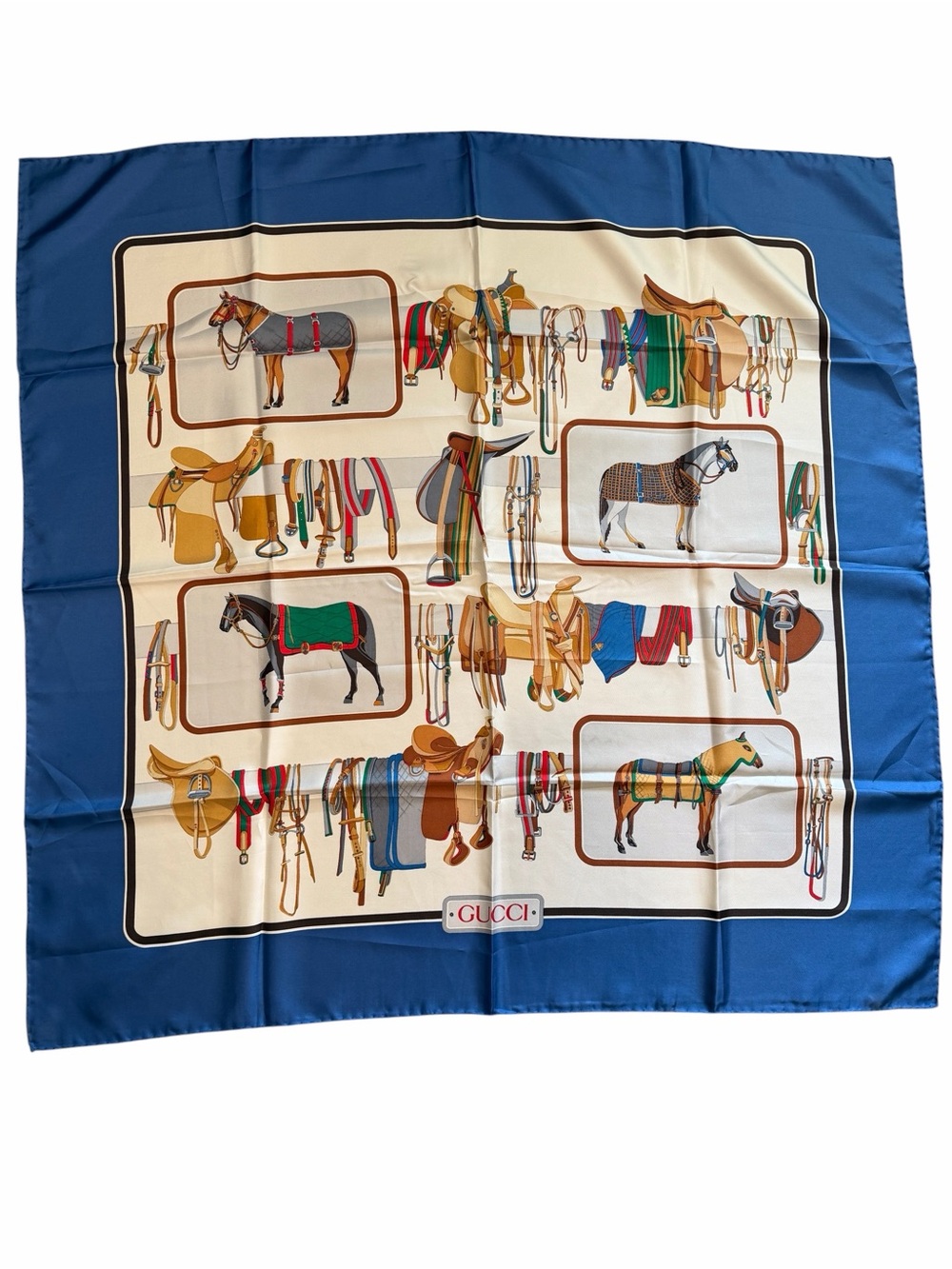 Gucci Silk Equestrian Scarf in Blue and Cream with Multi-Color Accents - Picture 1 of 6